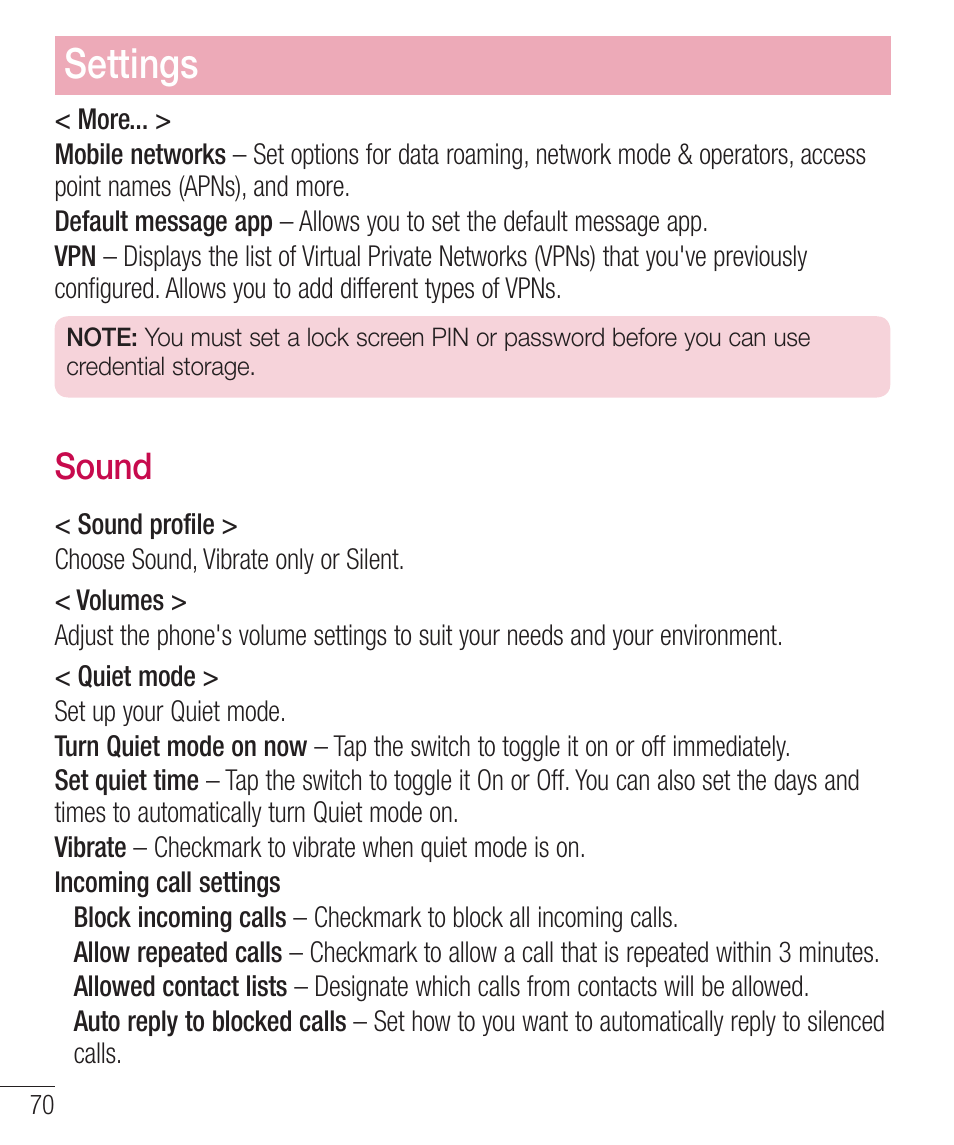 Sound, 4pvoe, Settings | LG LGD321 User Manual | Page 72 / 118