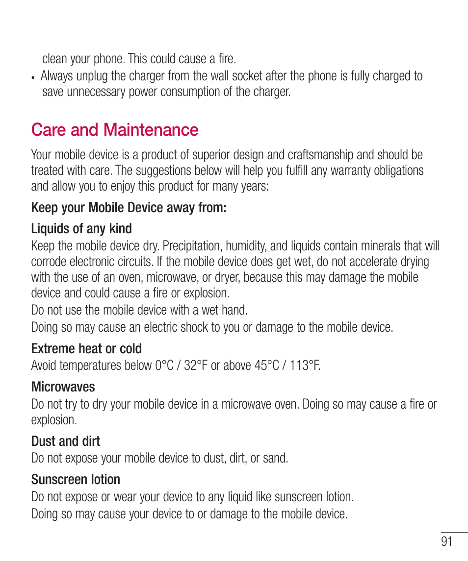 Care and maintenance | LG LGD321 User Manual | Page 93 / 118