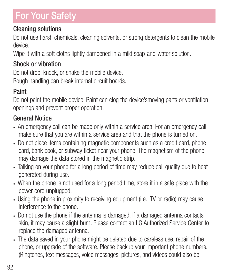 For your safety | LG LGD321 User Manual | Page 94 / 118