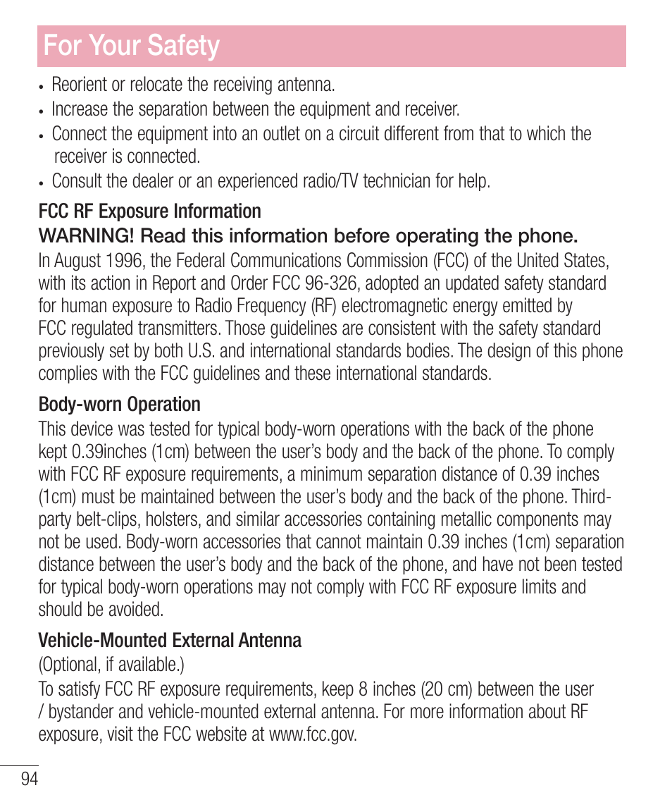 For your safety | LG LGD321 User Manual | Page 96 / 118