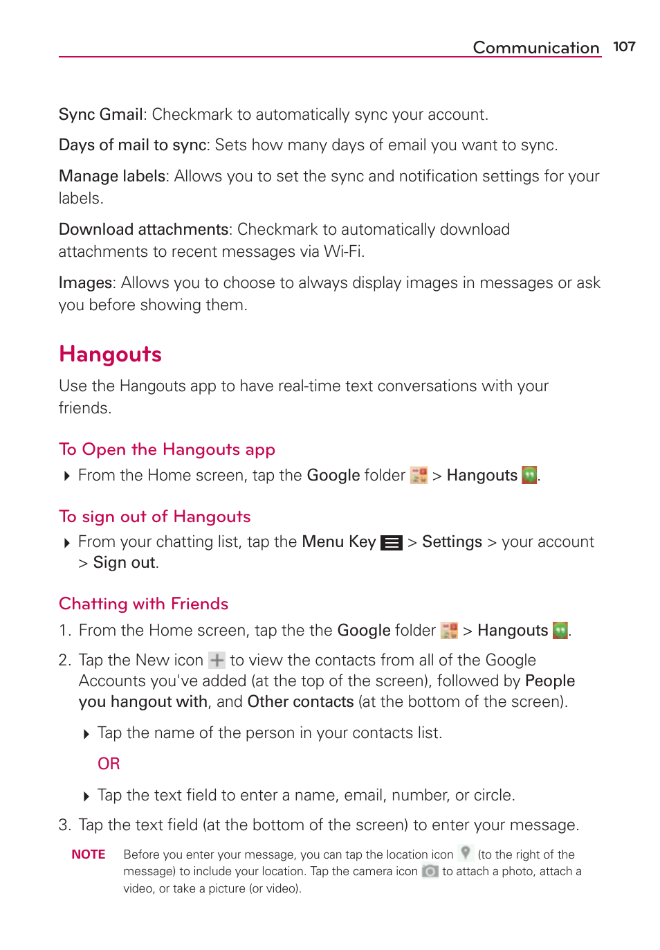 Hangouts, Communication, Chatting with friends | LG LGAS876 User Manual | Page 107 / 218