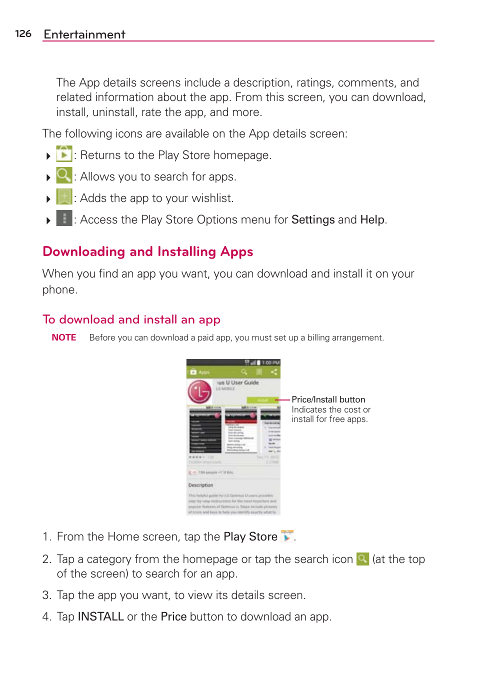 Downloading and installing apps | LG LGAS876 User Manual | Page 126 / 218