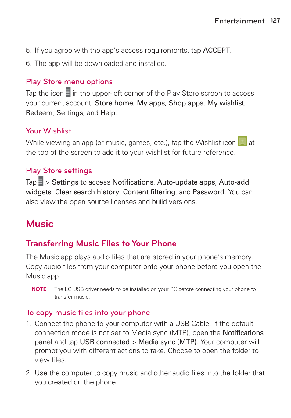 Music, Transferring music files to your phone | LG LGAS876 User Manual | Page 127 / 218