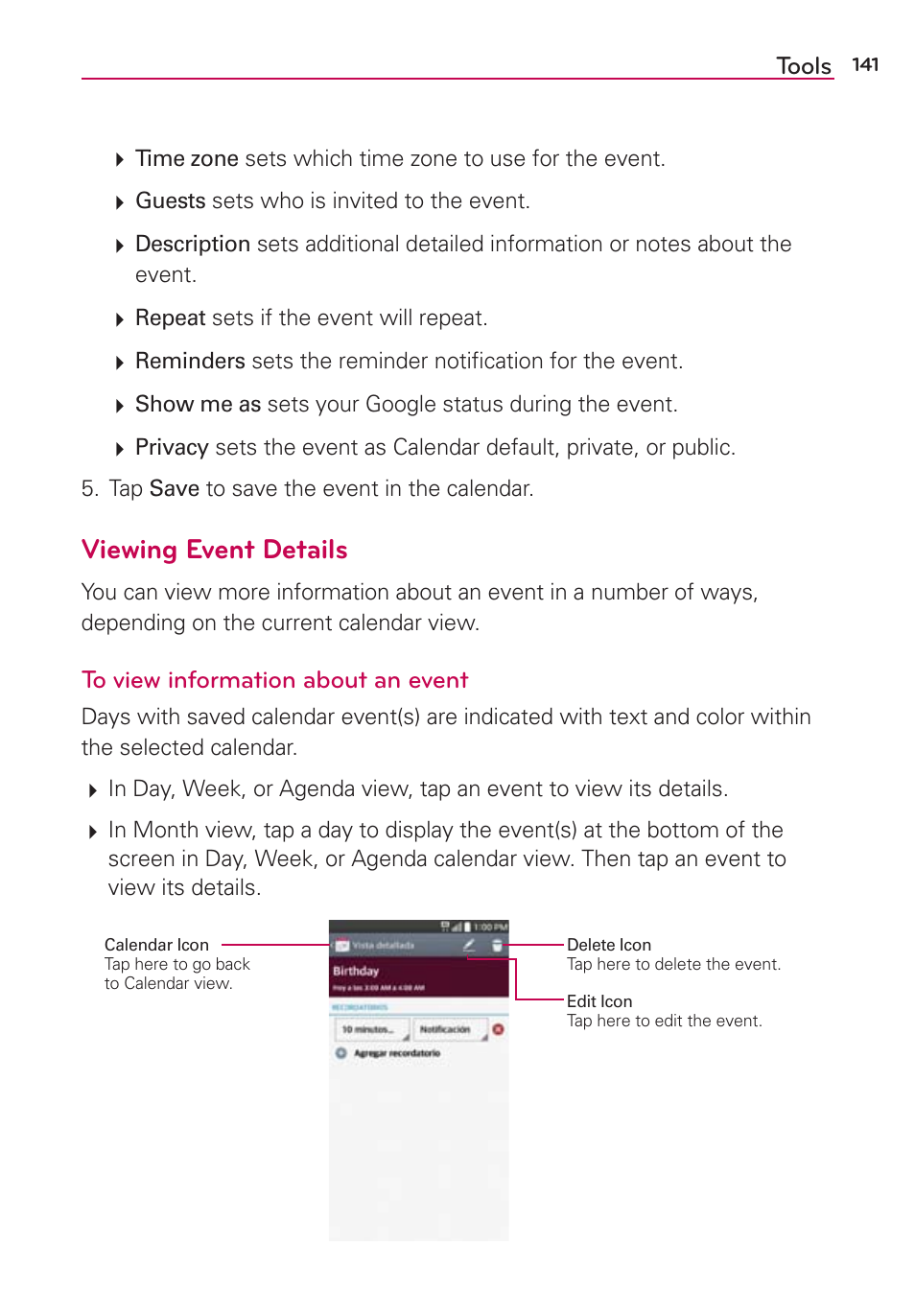 Viewing event details | LG LGAS876 User Manual | Page 141 / 218