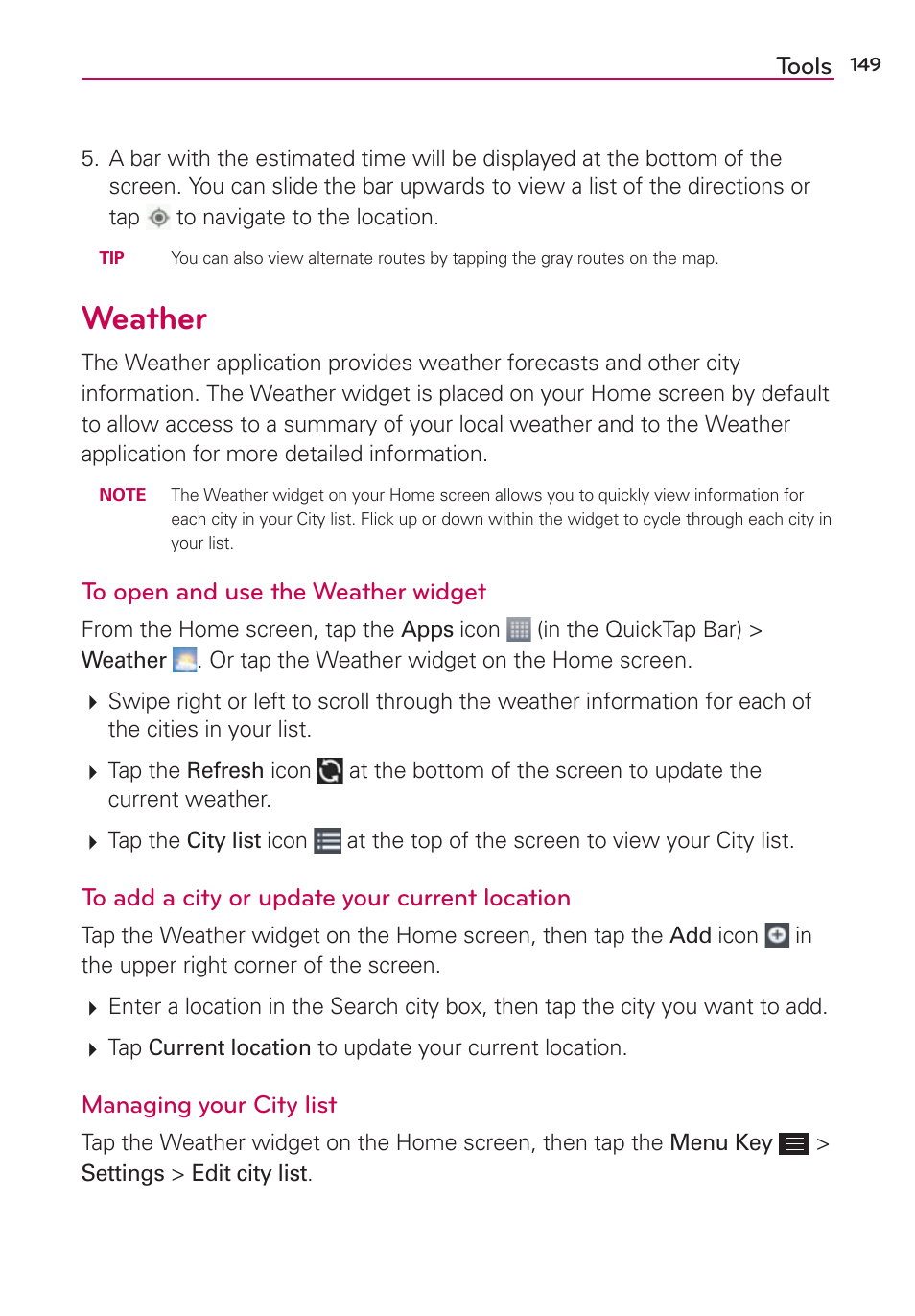 Weather, Tools, Managing your city list | LG LGAS876 User Manual | Page 149 / 218
