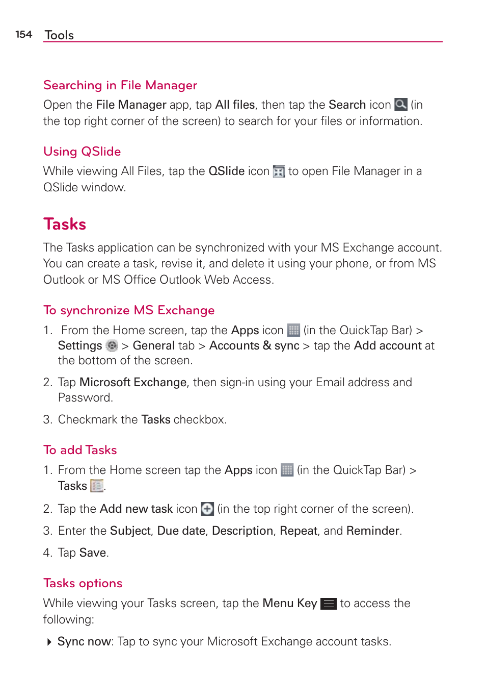 Tasks | LG LGAS876 User Manual | Page 154 / 218