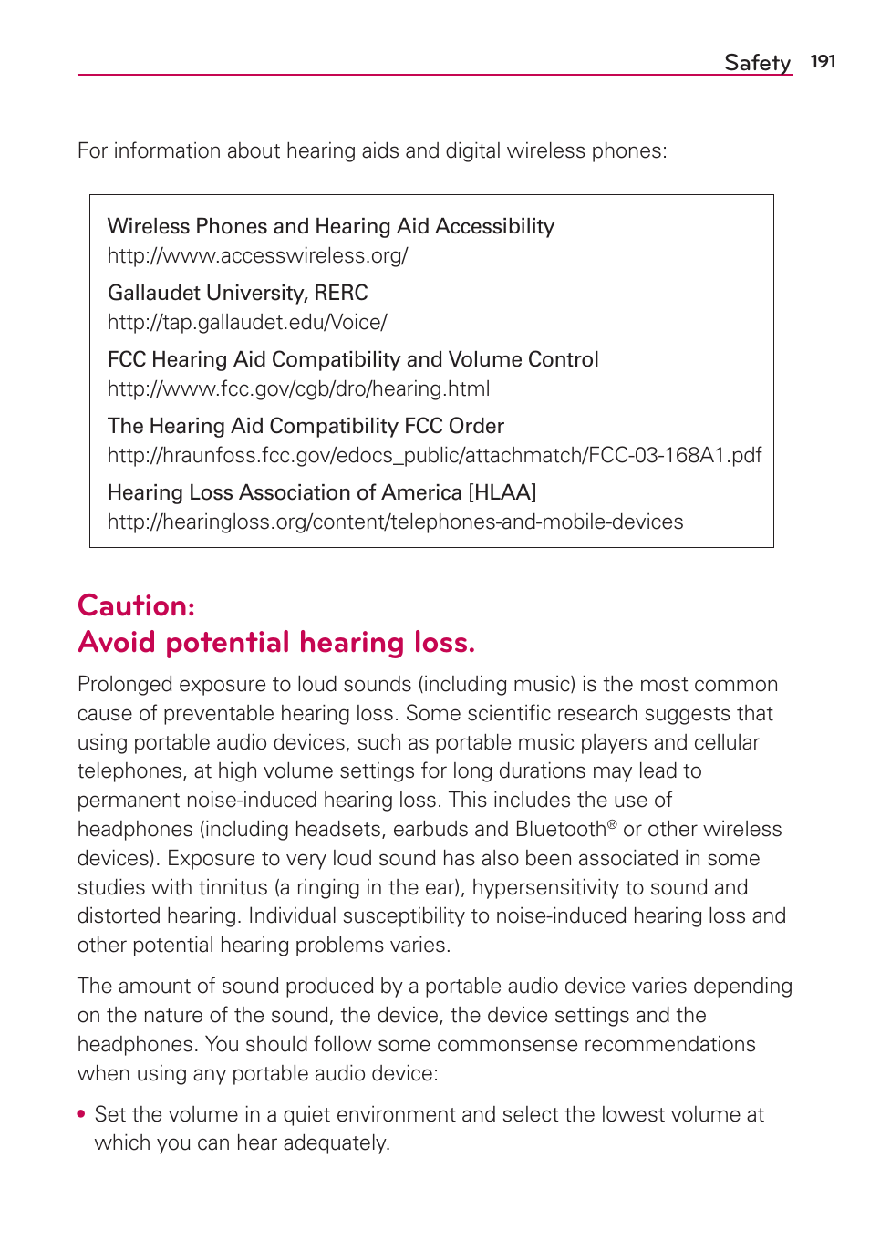 Caution: avoid potential hearing loss | LG LGAS876 User Manual | Page 191 / 218