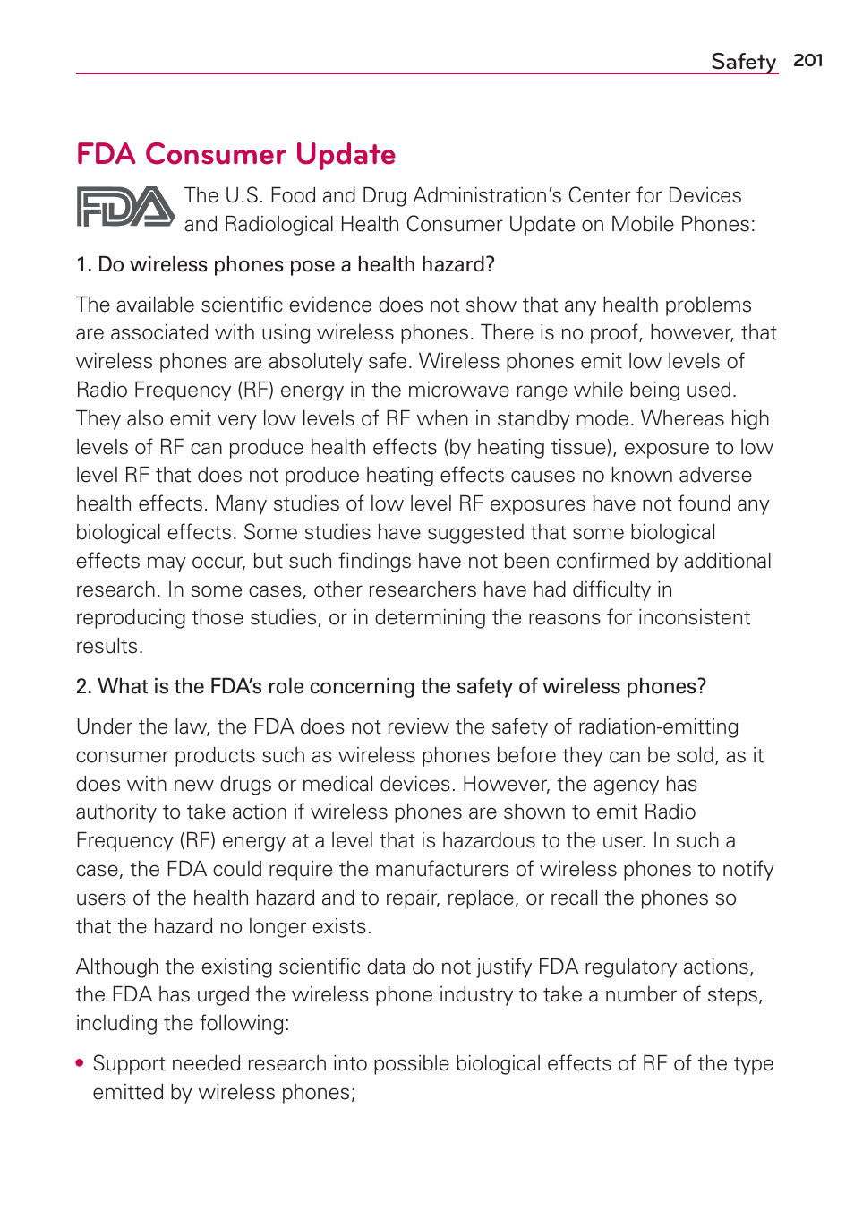 Fda consumer update | LG LGAS876 User Manual | Page 201 / 218