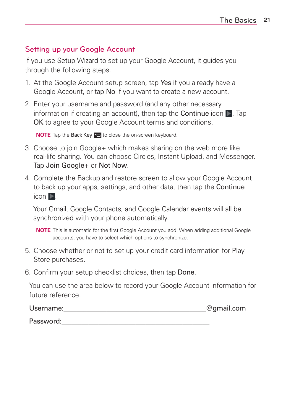 The basics setting up your google account | LG LGAS876 User Manual | Page 21 / 218