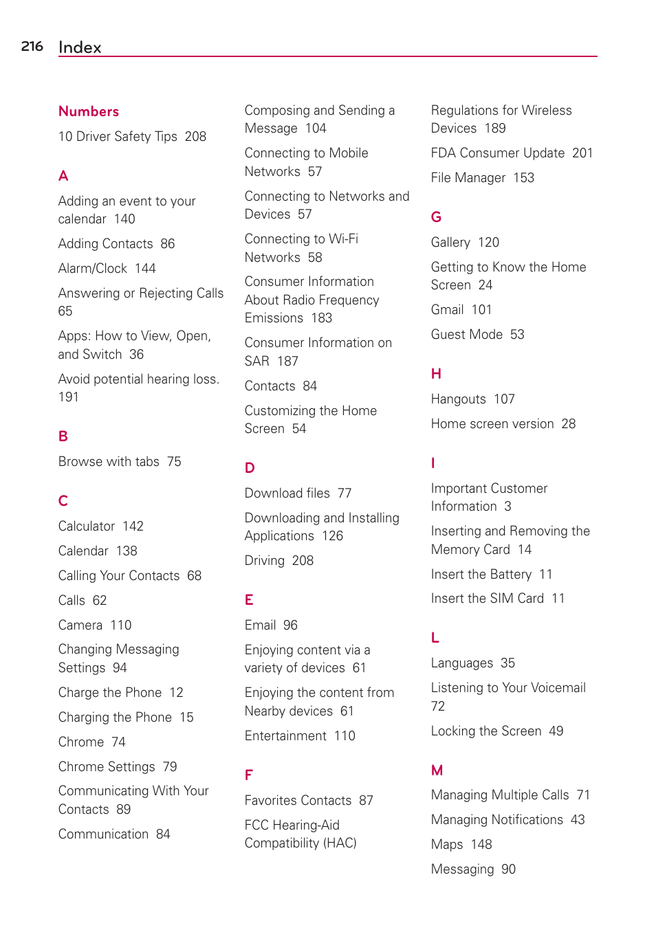 Index | LG LGAS876 User Manual | Page 216 / 218