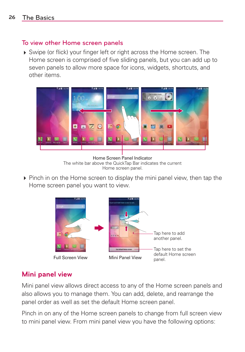 Mini panel view, The basics to view other home screen panels | LG LGAS876 User Manual | Page 26 / 218