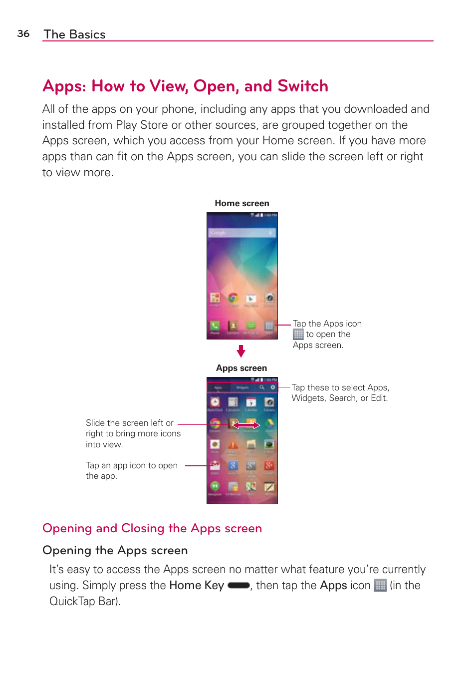 Apps: how to view, open, and switch, The basics, Opening and closing the apps screen | LG LGAS876 User Manual | Page 36 / 218