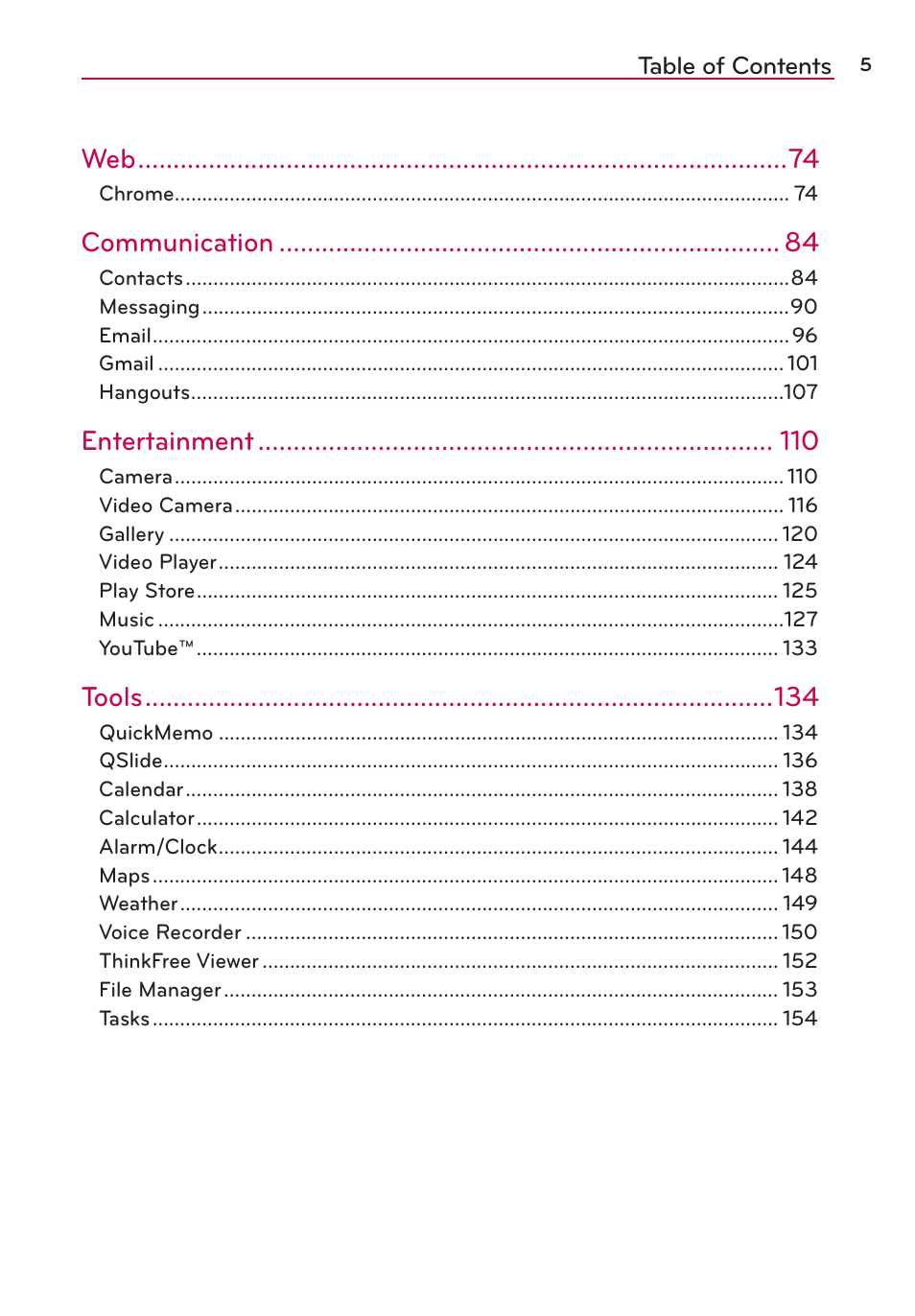 Communication, Entertainment, Tools | LG LGAS876 User Manual | Page 5 / 218
