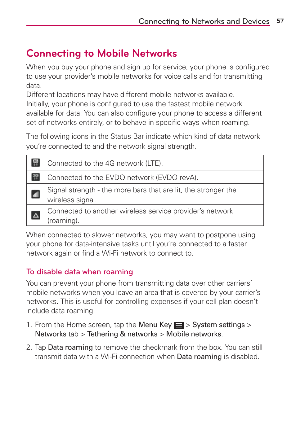 Connecting to networks and devices, Connecting to mobile networks | LG LGAS876 User Manual | Page 57 / 218