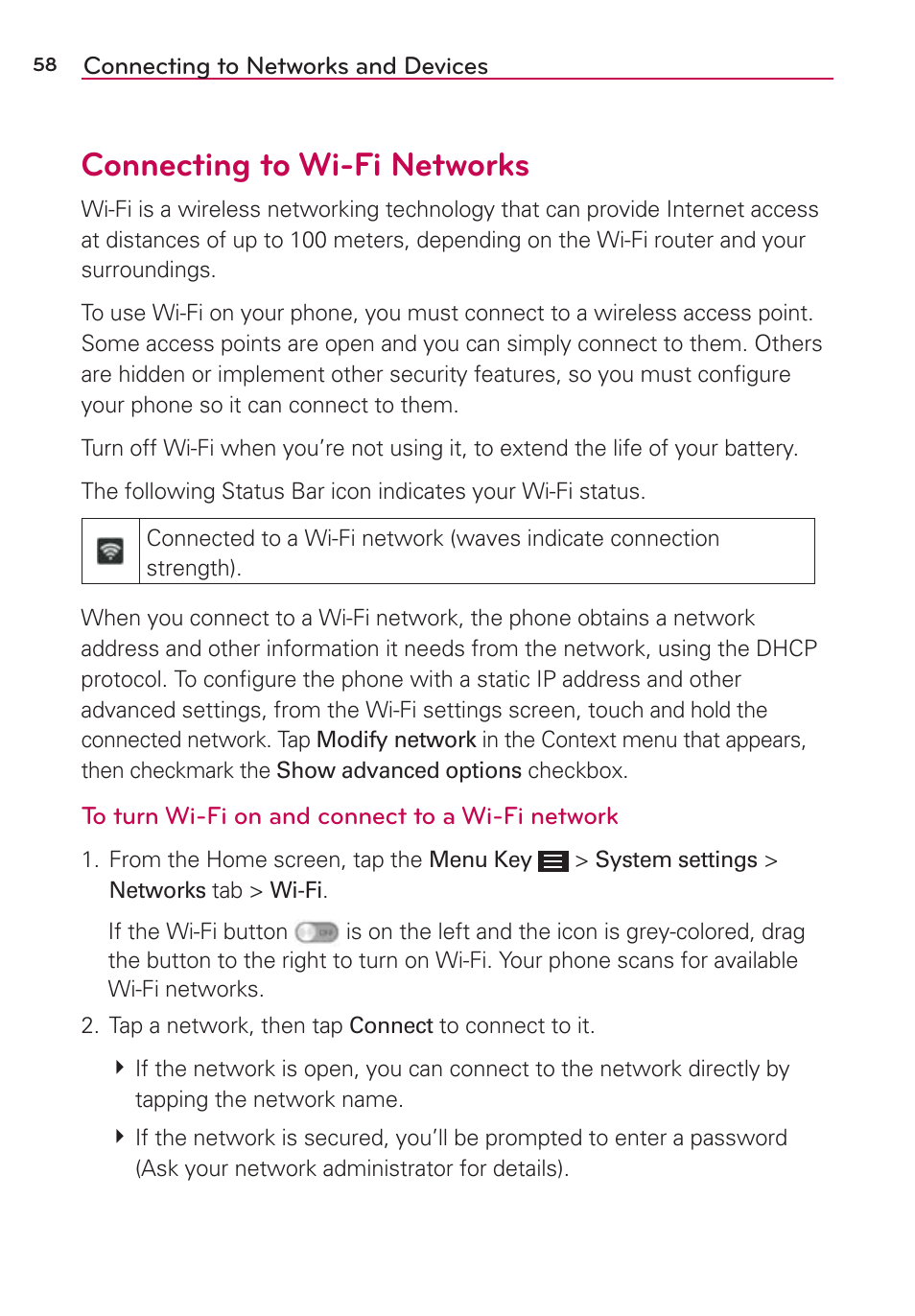 Connecting to wi-fi networks | LG LGAS876 User Manual | Page 58 / 218