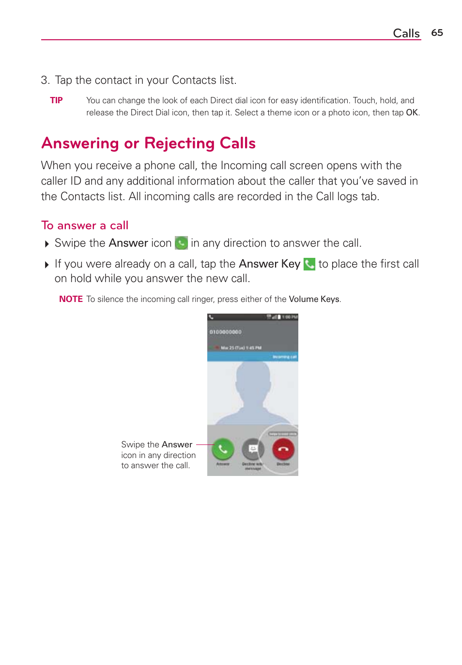 Answering or rejecting calls, Calls | LG LGAS876 User Manual | Page 65 / 218