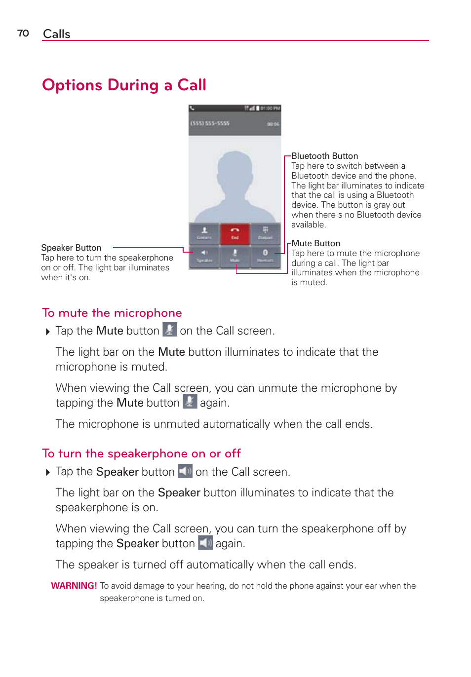Options during a call, Calls | LG LGAS876 User Manual | Page 70 / 218