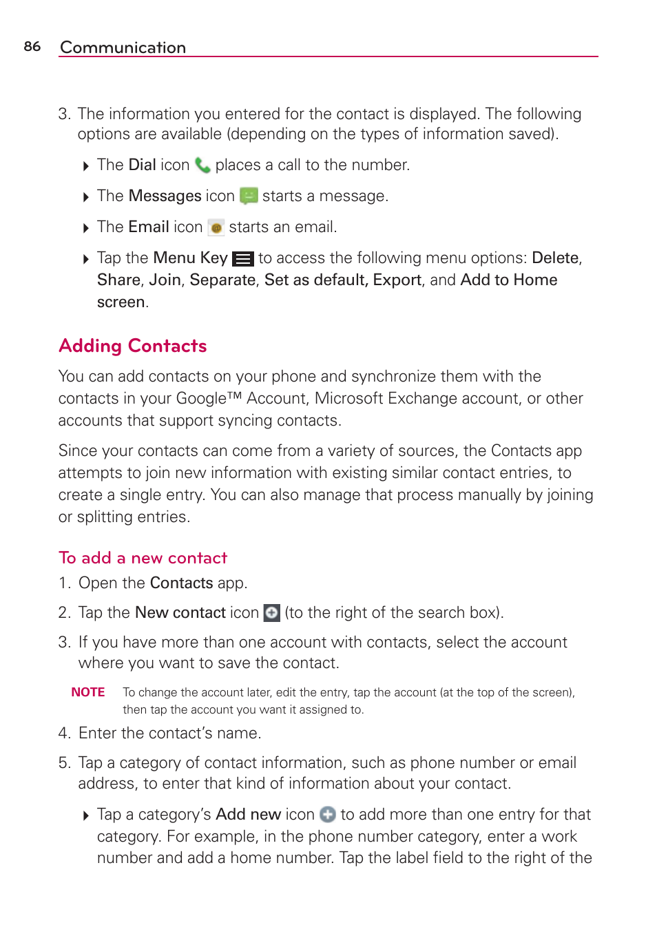 Adding contacts | LG LGAS876 User Manual | Page 86 / 218