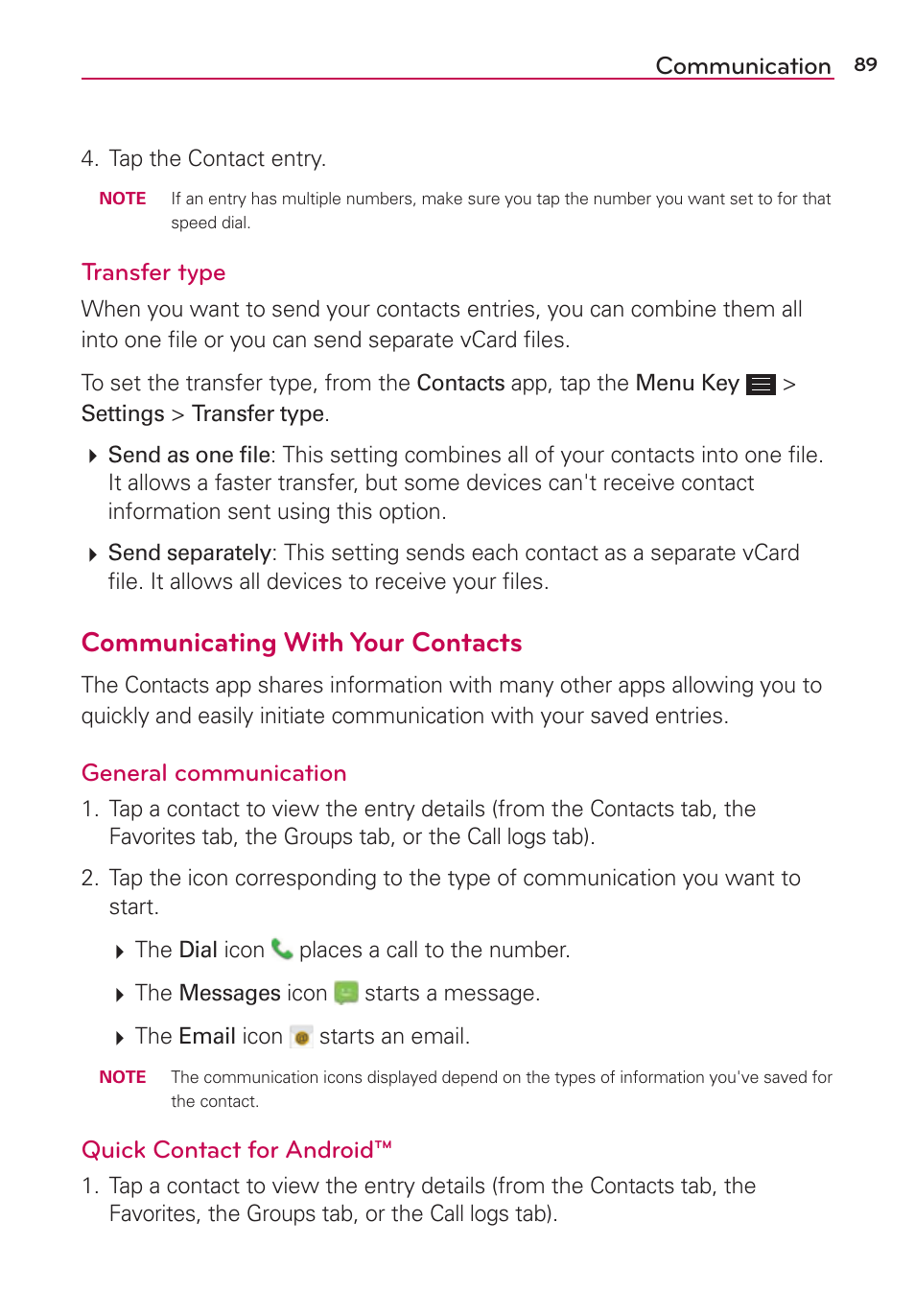 Communicating with your contacts, Communication, Transfer type | General communication, Quick contact for android | LG LGAS876 User Manual | Page 89 / 218