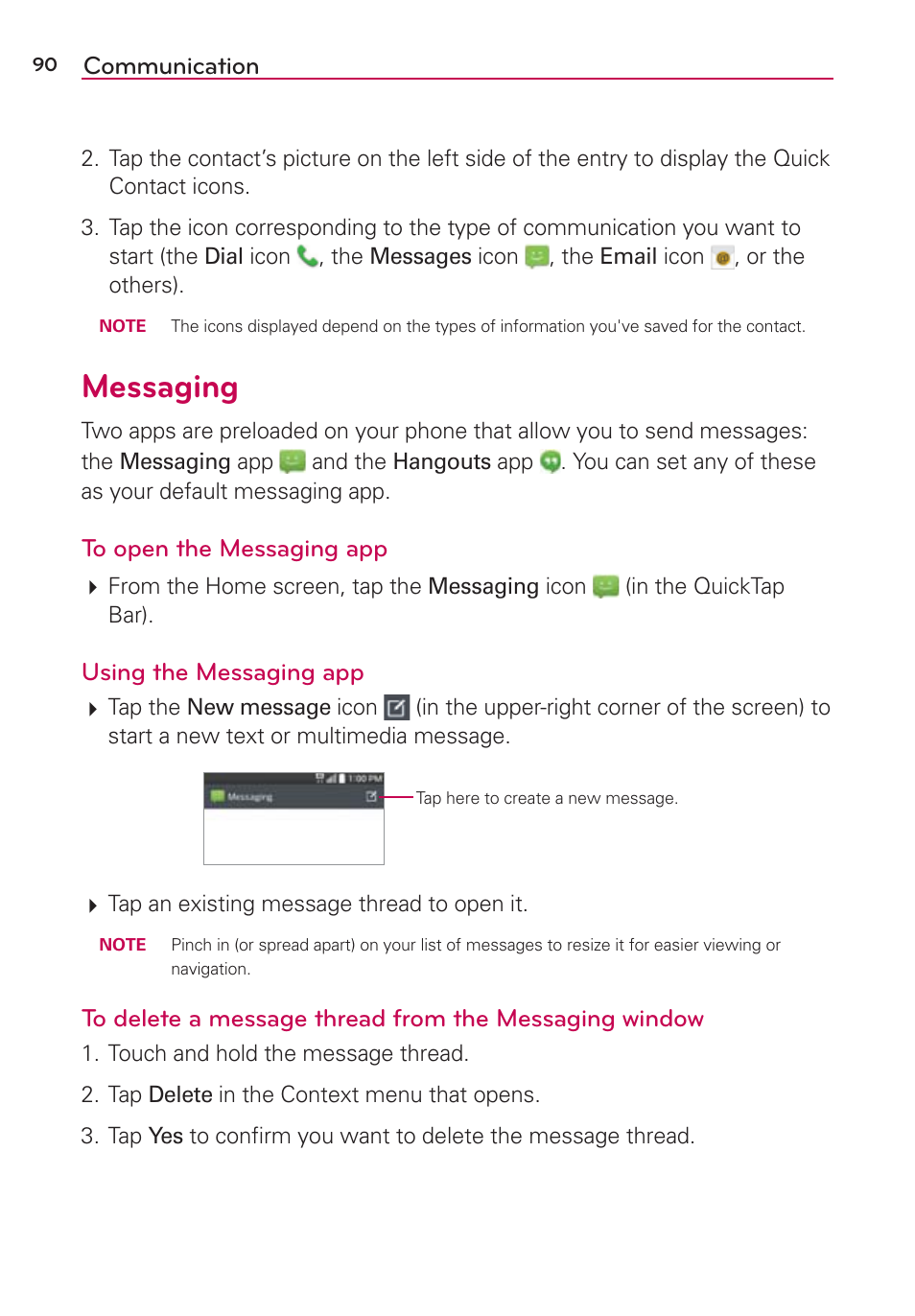 Messaging, Communication, Using the messaging app | LG LGAS876 User Manual | Page 90 / 218