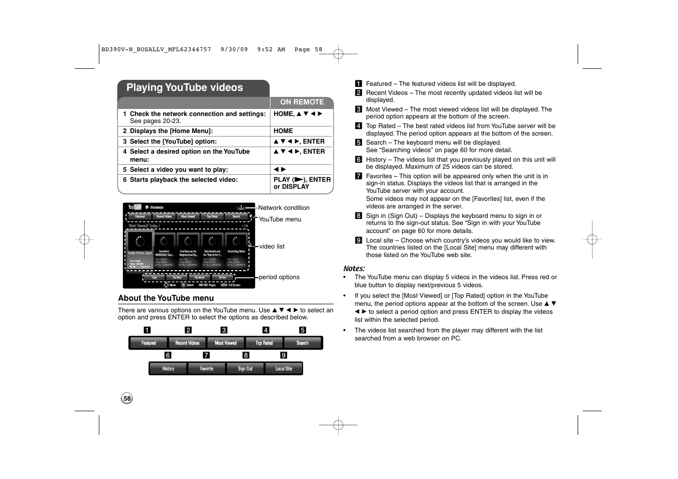 Playing youtube videos | LG BD390 User Manual | Page 58 / 76