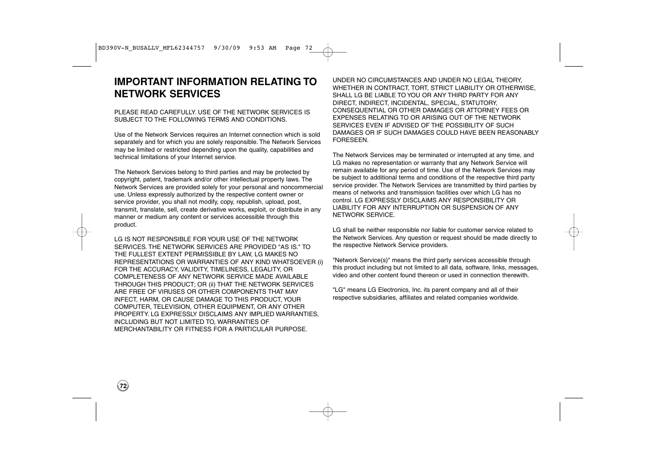 Important information relating to network services | LG BD390 User Manual | Page 72 / 76
