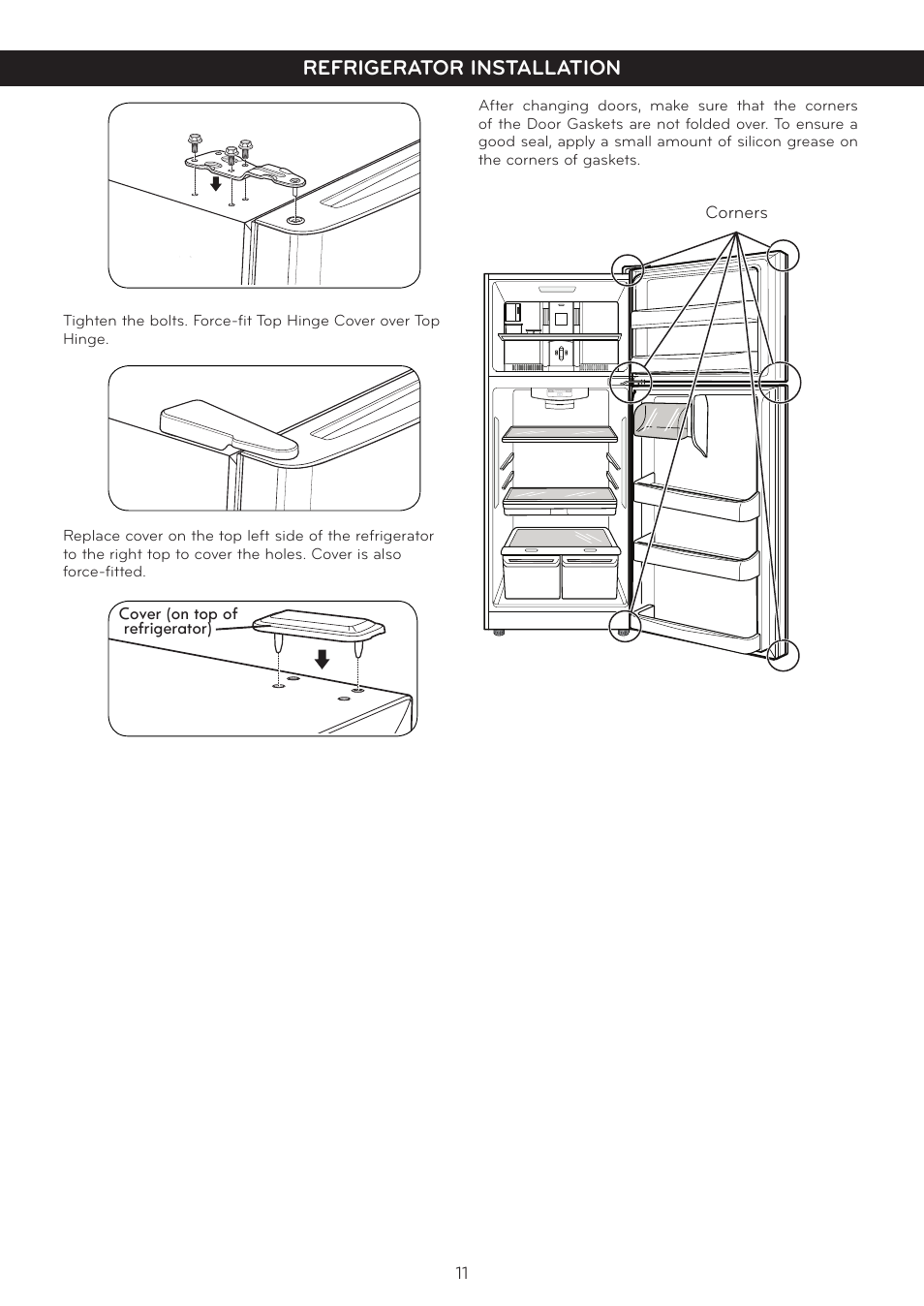 Corners, Refrigerator installation | LG LTC20380ST User Manual | Page 12 / 35
