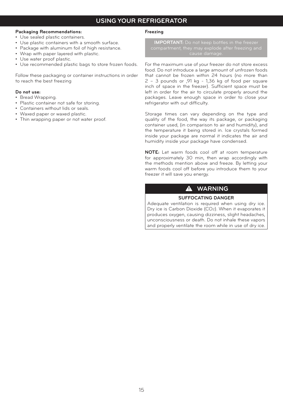 Warning, Using your refrigerator | LG LTC20380ST User Manual | Page 16 / 35