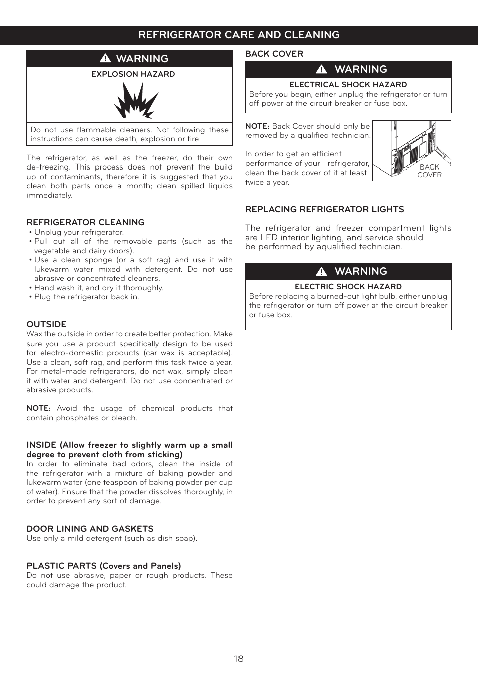 Warning, Refrigerator care and cleaning | LG LTC20380ST User Manual | Page 19 / 35