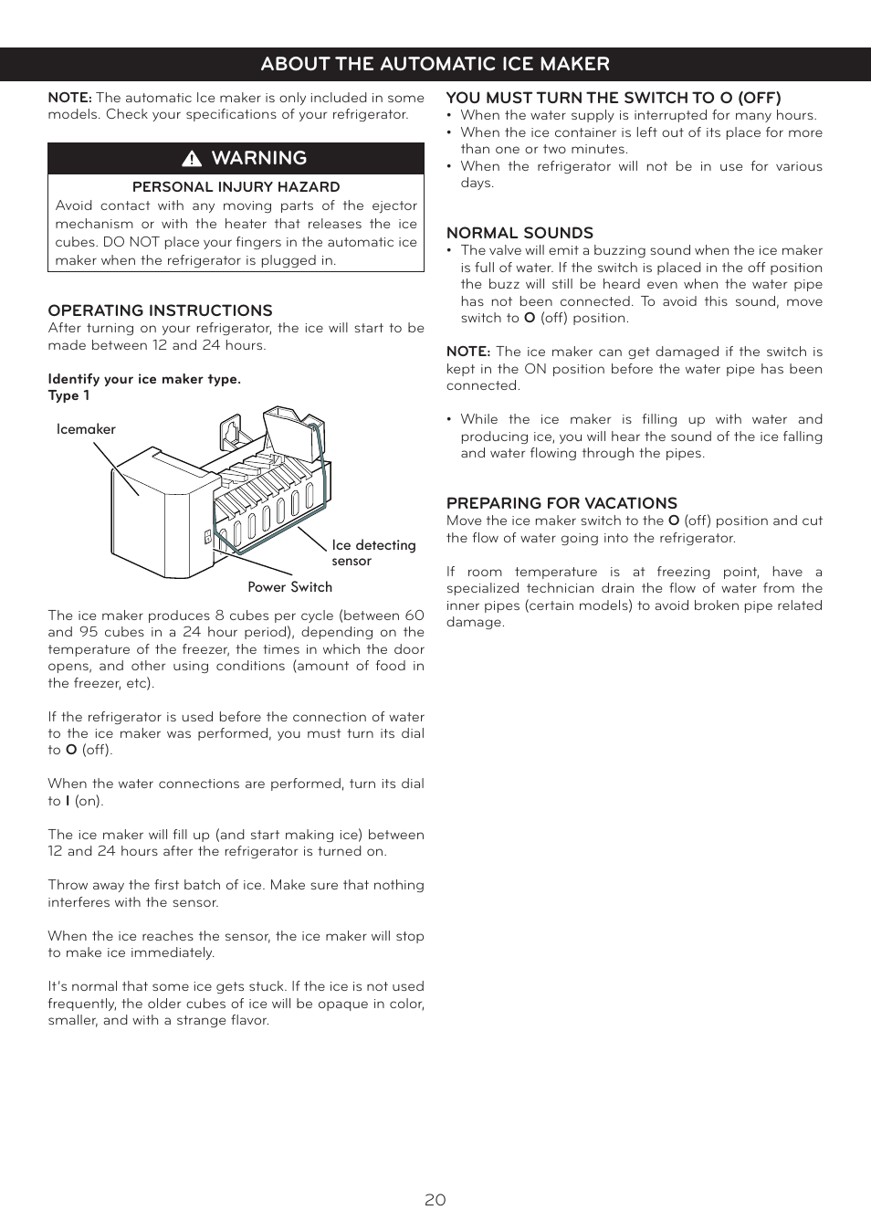 Warning, About the automatic ice maker | LG LTC20380ST User Manual | Page 21 / 35