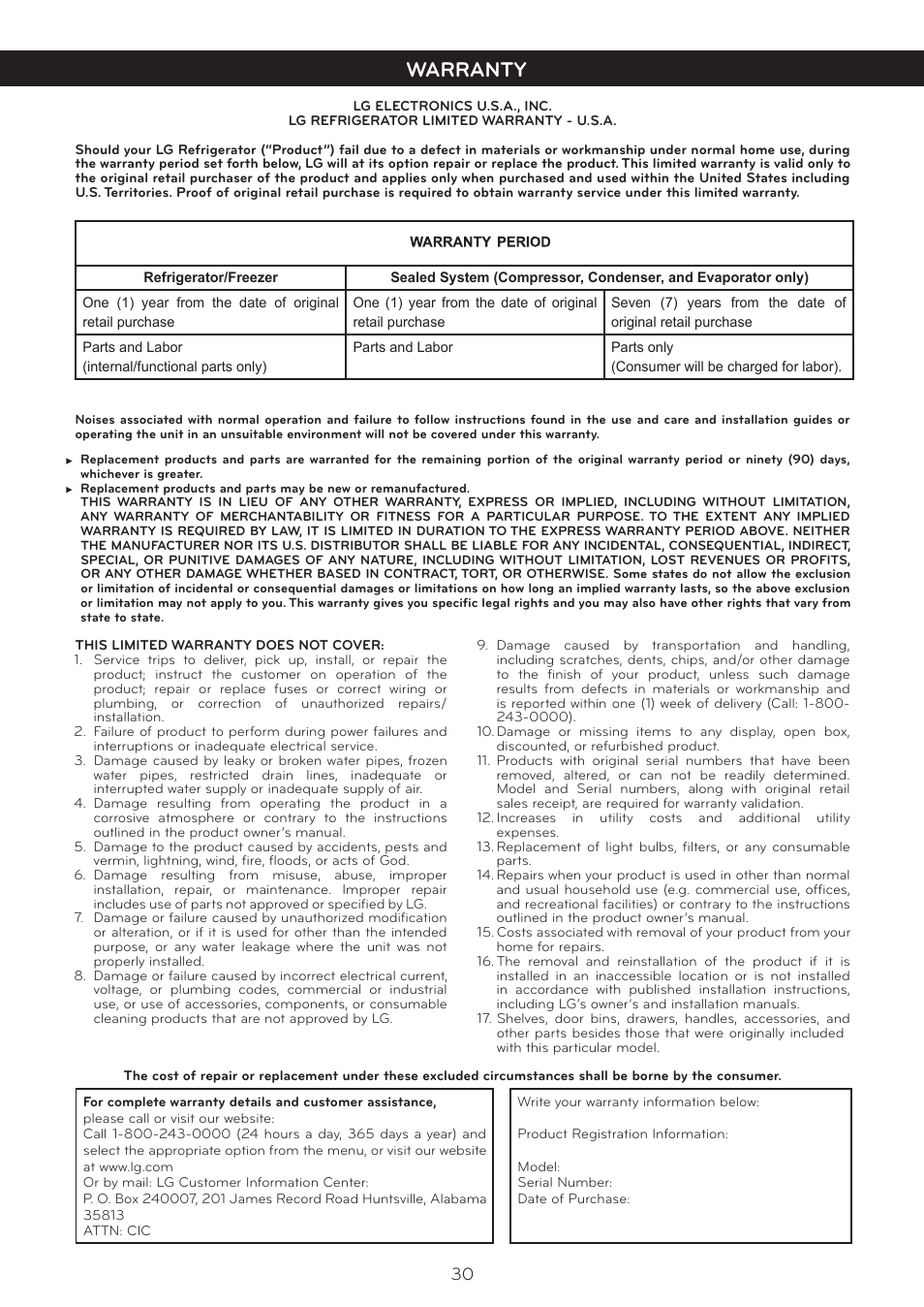 Warranty | LG LTC20380ST User Manual | Page 31 / 35