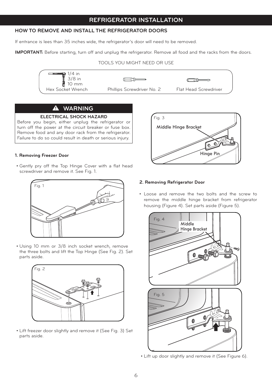 Warning, Refrigerator installation | LG LTC20380ST User Manual | Page 7 / 35