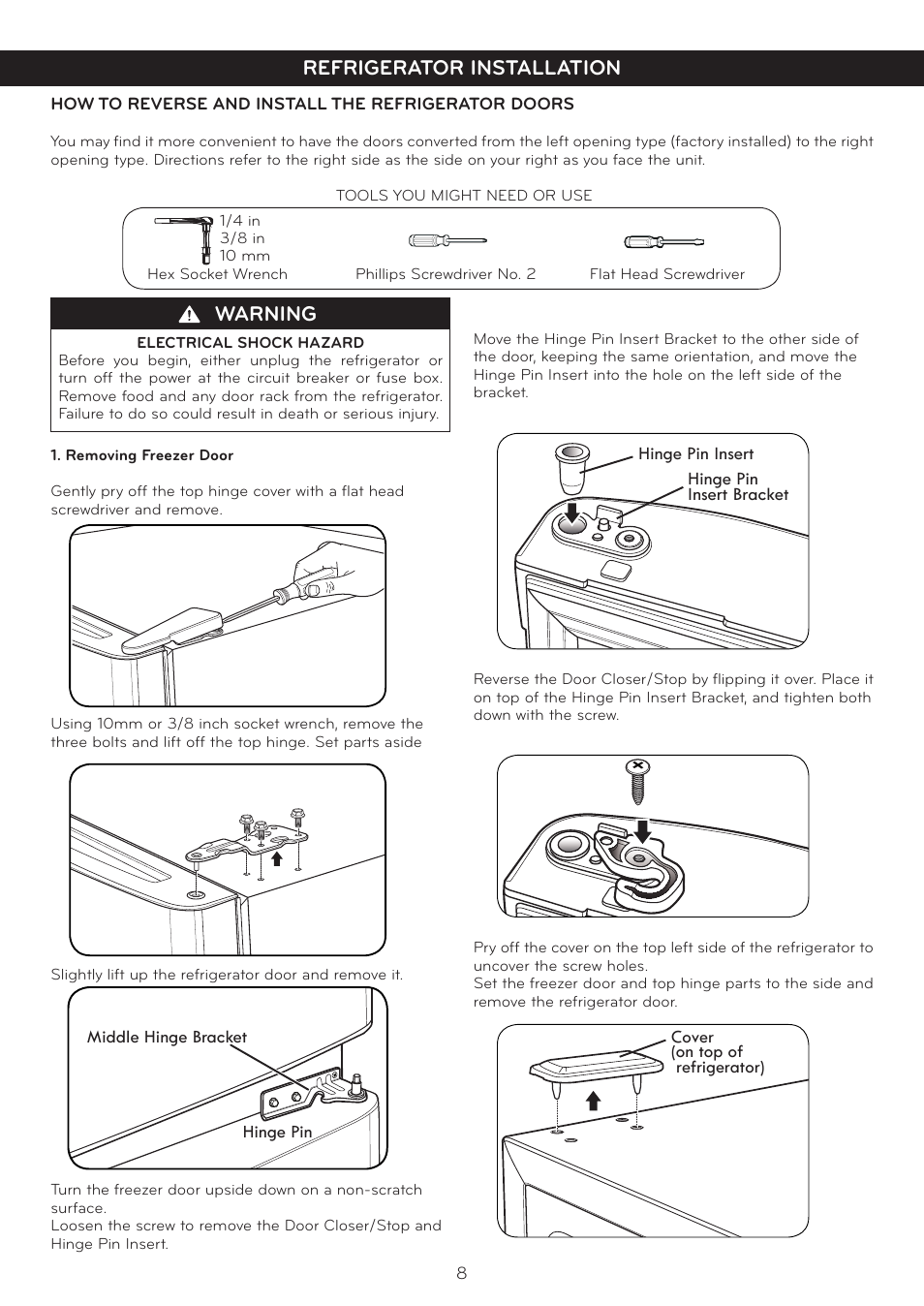 Warning, Refrigerator installation | LG LTC20380ST User Manual | Page 9 / 35