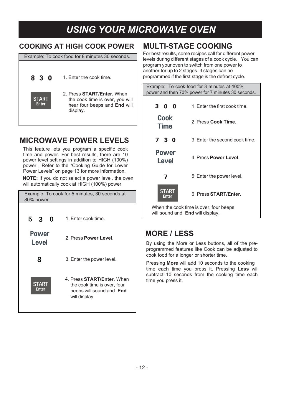 빈 페이지, Using your microwave oven, Multi-stage cooking | More / less, Microwave power levels, Cooking at high cook power | LG LMV1831ST User Manual | Page 12 / 32