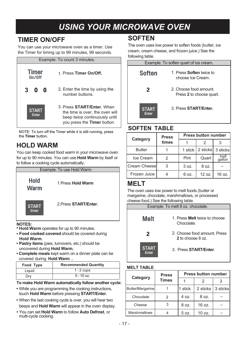 빈 페이지, Using your microwave oven, Soften | Melt, Timer on/off, Hold warm, Timer, Soften table | LG LMV1831ST User Manual | Page 17 / 32