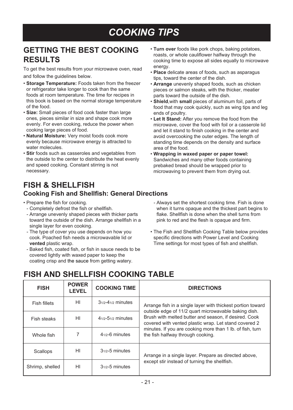 Cooking tips, Getting the best cooking results, Fish & shellfish | Fish and shellfish cooking table, Cooking fish and shellfish: general directions | LG LMV1831ST User Manual | Page 21 / 32