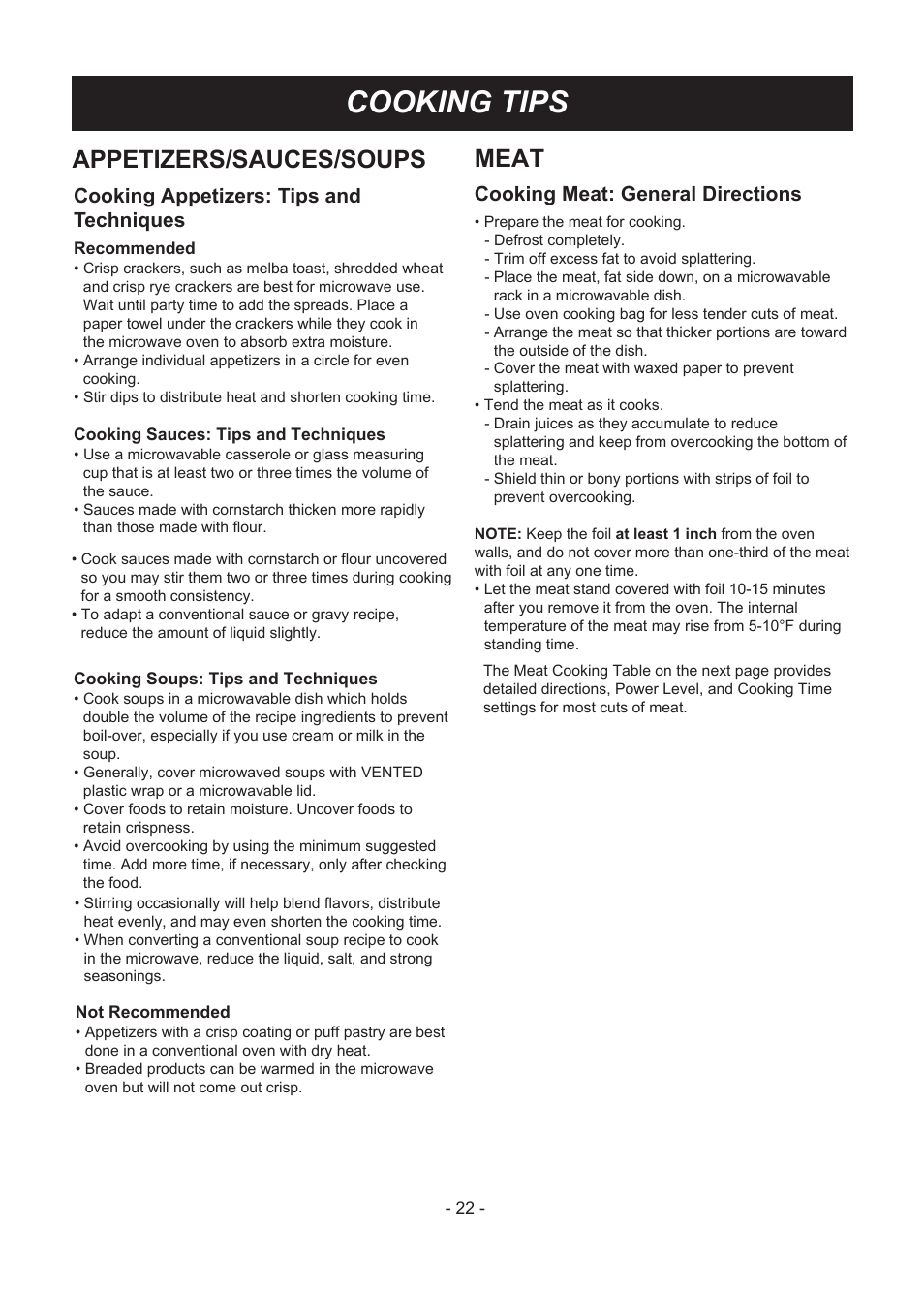 Cooking tips, Appetizers/sauces/soups, Meat | Cooking appetizers: tips and techniques, Cooking meat: general directions | LG LMV1831ST User Manual | Page 22 / 32