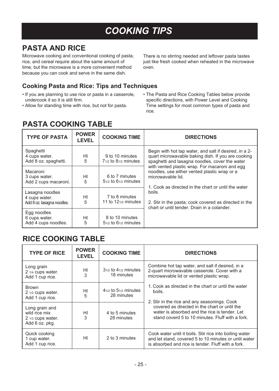 Cooking tips, Pasta and rice, Pasta cooking table | Rice cooking table, Cooking pasta and rice: tips and techniques | LG LMV1831ST User Manual | Page 25 / 32
