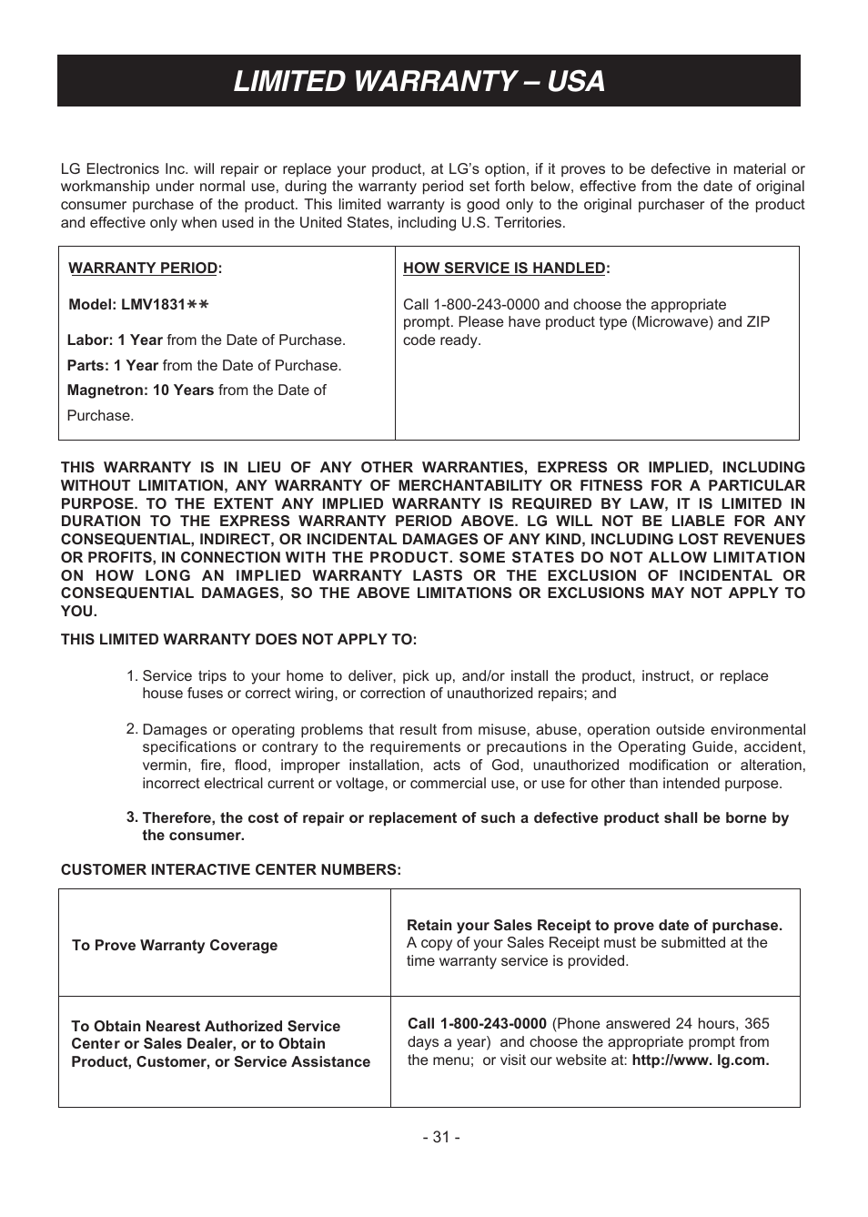빈 페이지, Limited warranty – usa | LG LMV1831ST User Manual | Page 31 / 32
