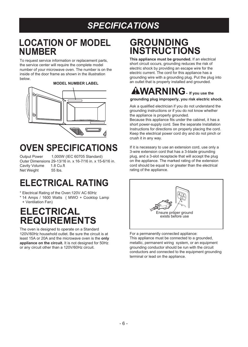 Location of model number, Oven specifications, Electrical rating | Electrical requirements, Grounding instructions, Warning, Specifications | LG LMV1831ST User Manual | Page 6 / 32