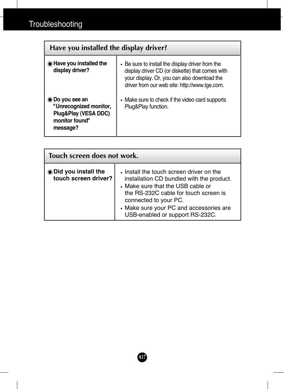 Have you installed the display driver, Touch screen does not work, Troubleshooting | LG L1730SF User Manual | Page 18 / 26