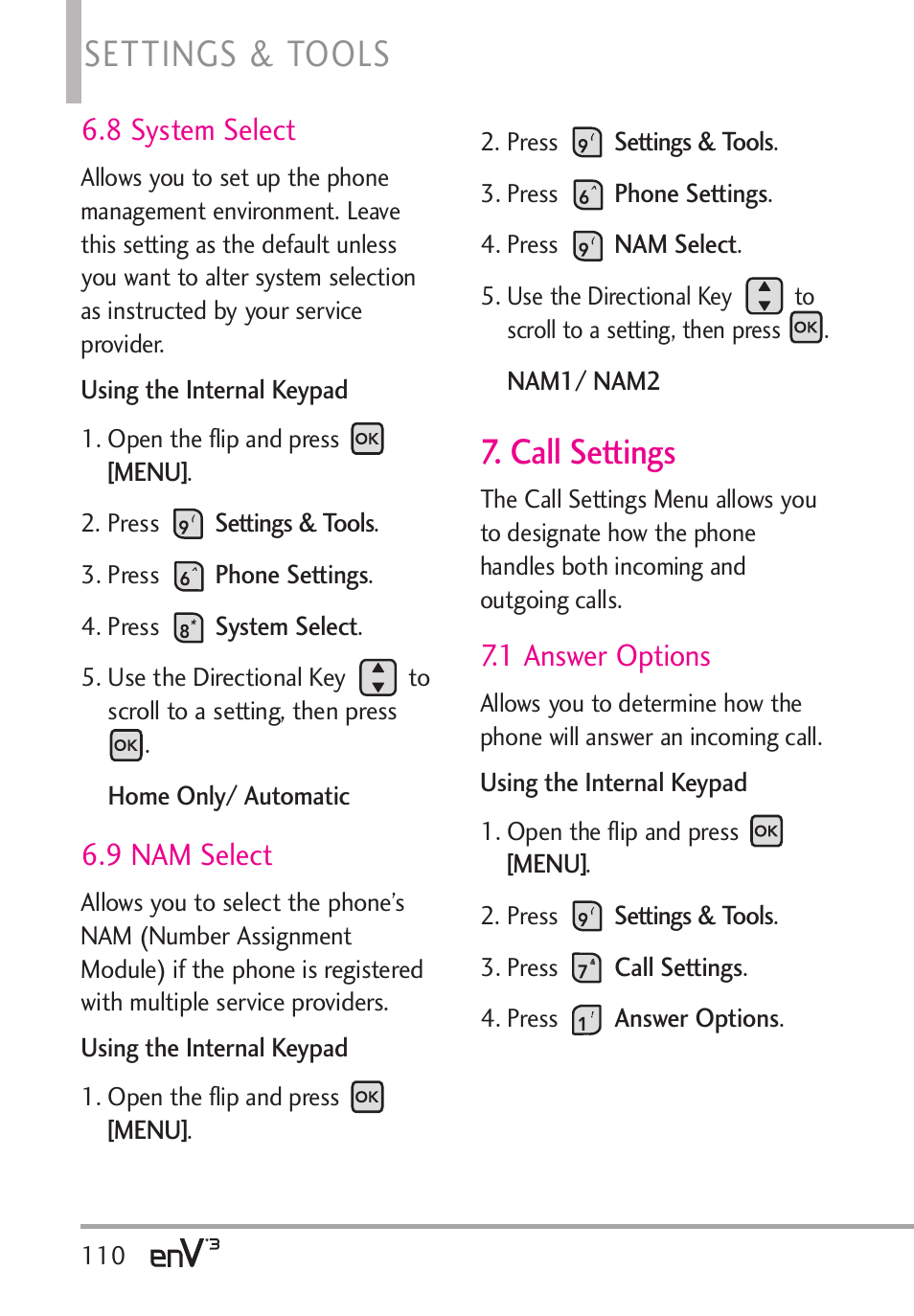 Settings & tools, Call settings, 8 system select | 9 nam select, 1 answer options | LG LGVX9200 User Manual | Page 112 / 317