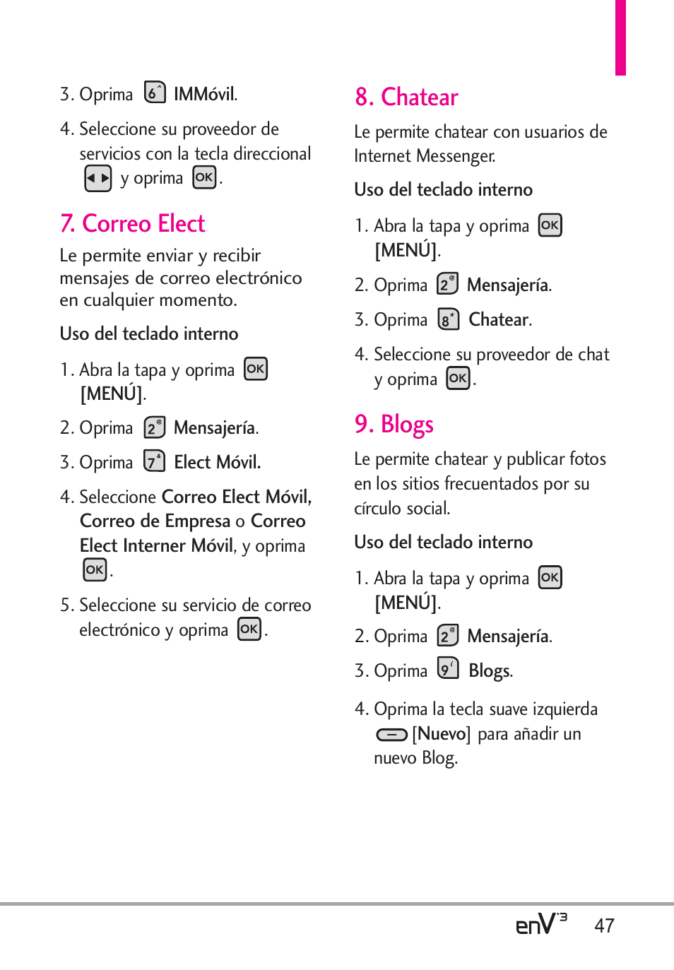 Correo elect, Chatear, Blogs | LG LGVX9200 User Manual | Page 202 / 317