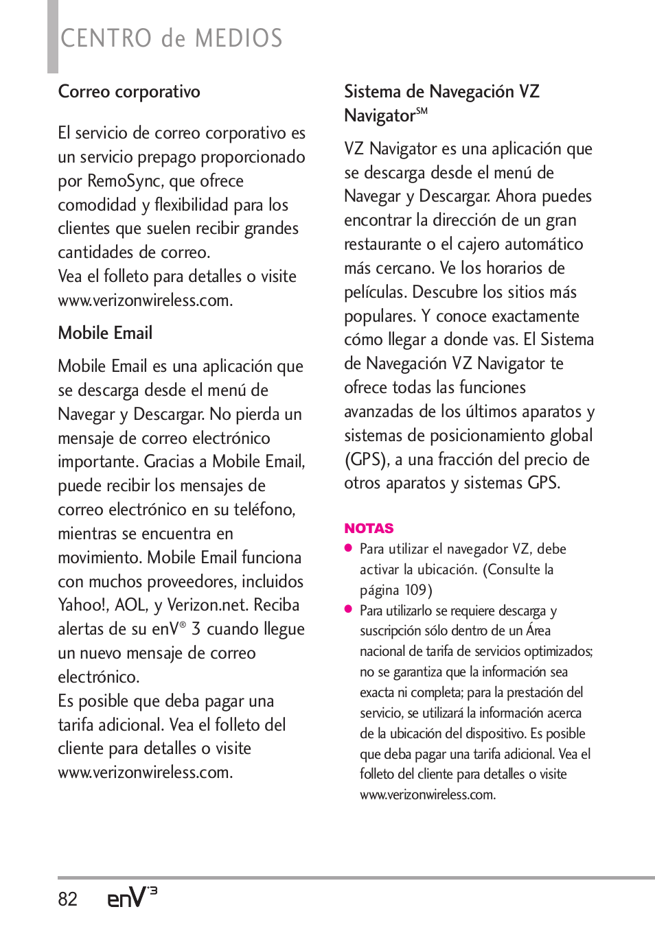 Centro de medios, Correo corporativo, Mobile email | Sistema de navegación vz navigator | LG LGVX9200 User Manual | Page 237 / 317