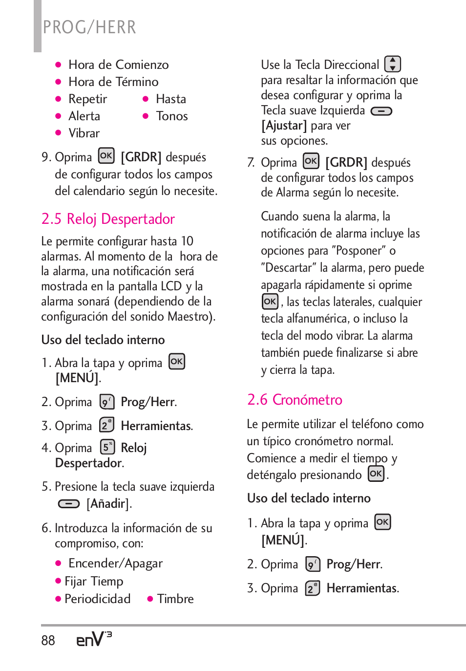 Prog/herr, 5 reloj despertador, 6 cronómetro | LG LGVX9200 User Manual | Page 243 / 317