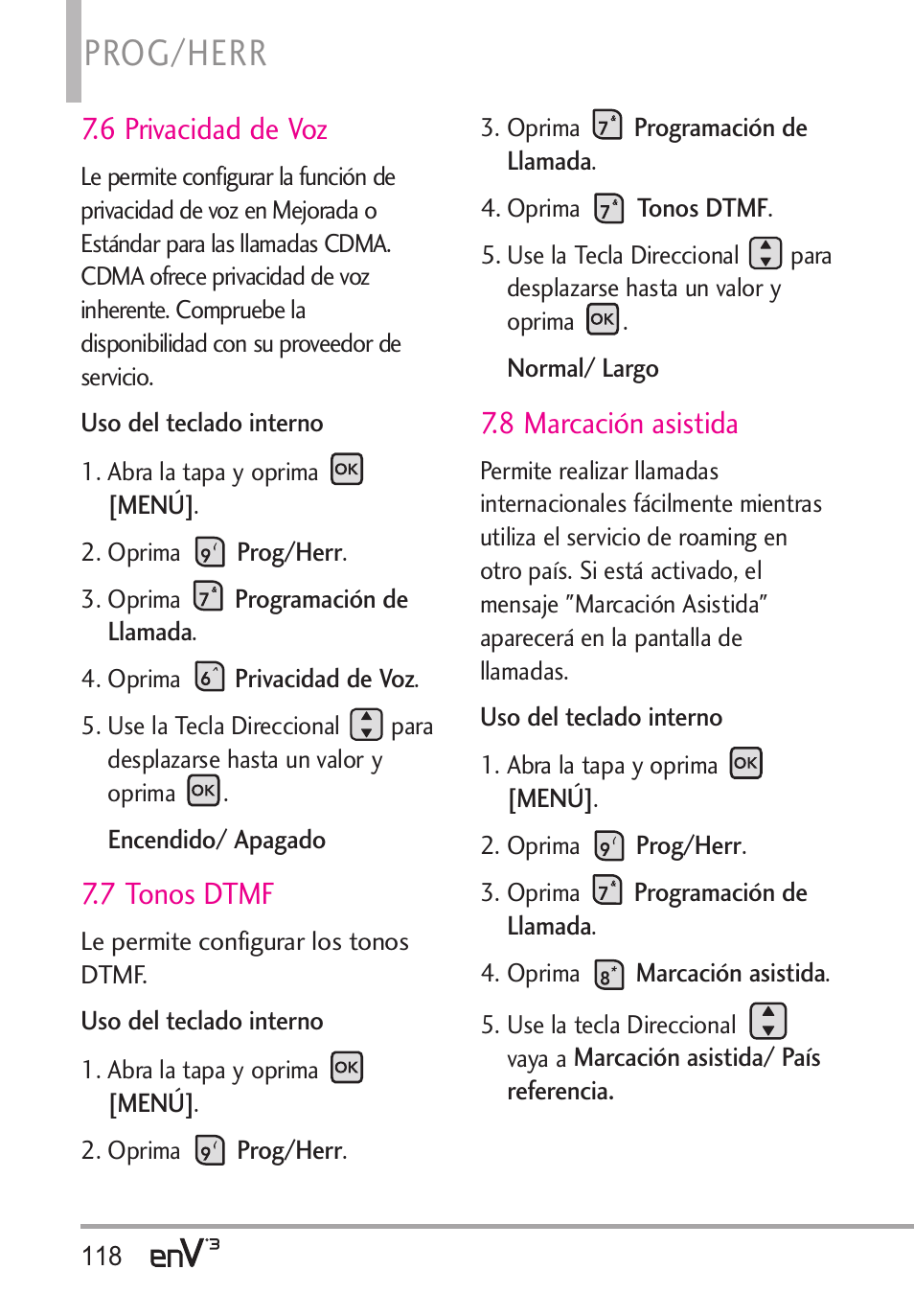 Prog/herr, 6 privacidad de voz, 7 tonos dtmf | 8 marcación asistida | LG LGVX9200 User Manual | Page 273 / 317