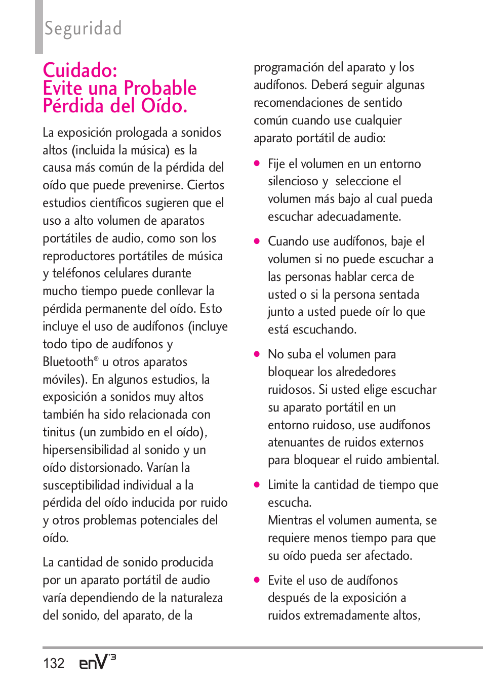 Cuidado: evite una probable pérdida del oído, Seguridad | LG LGVX9200 User Manual | Page 287 / 317