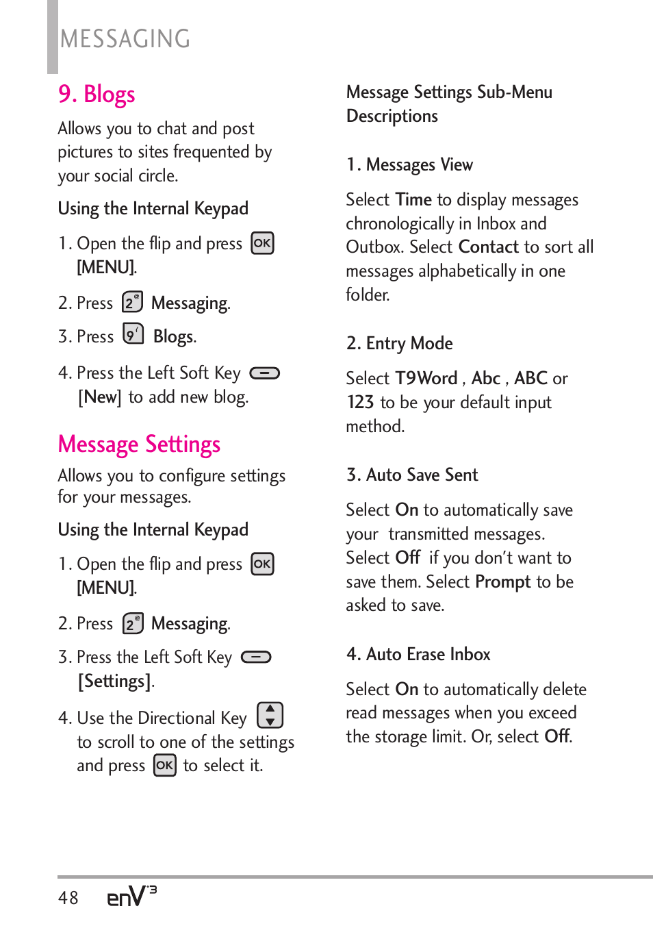 Messaging, Blogs, Message settings | LG LGVX9200 User Manual | Page 50 / 317