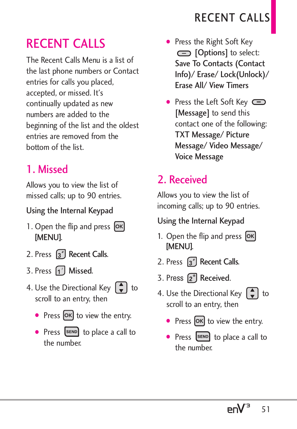 Recent calls, Missed, Received | LG LGVX9200 User Manual | Page 53 / 317