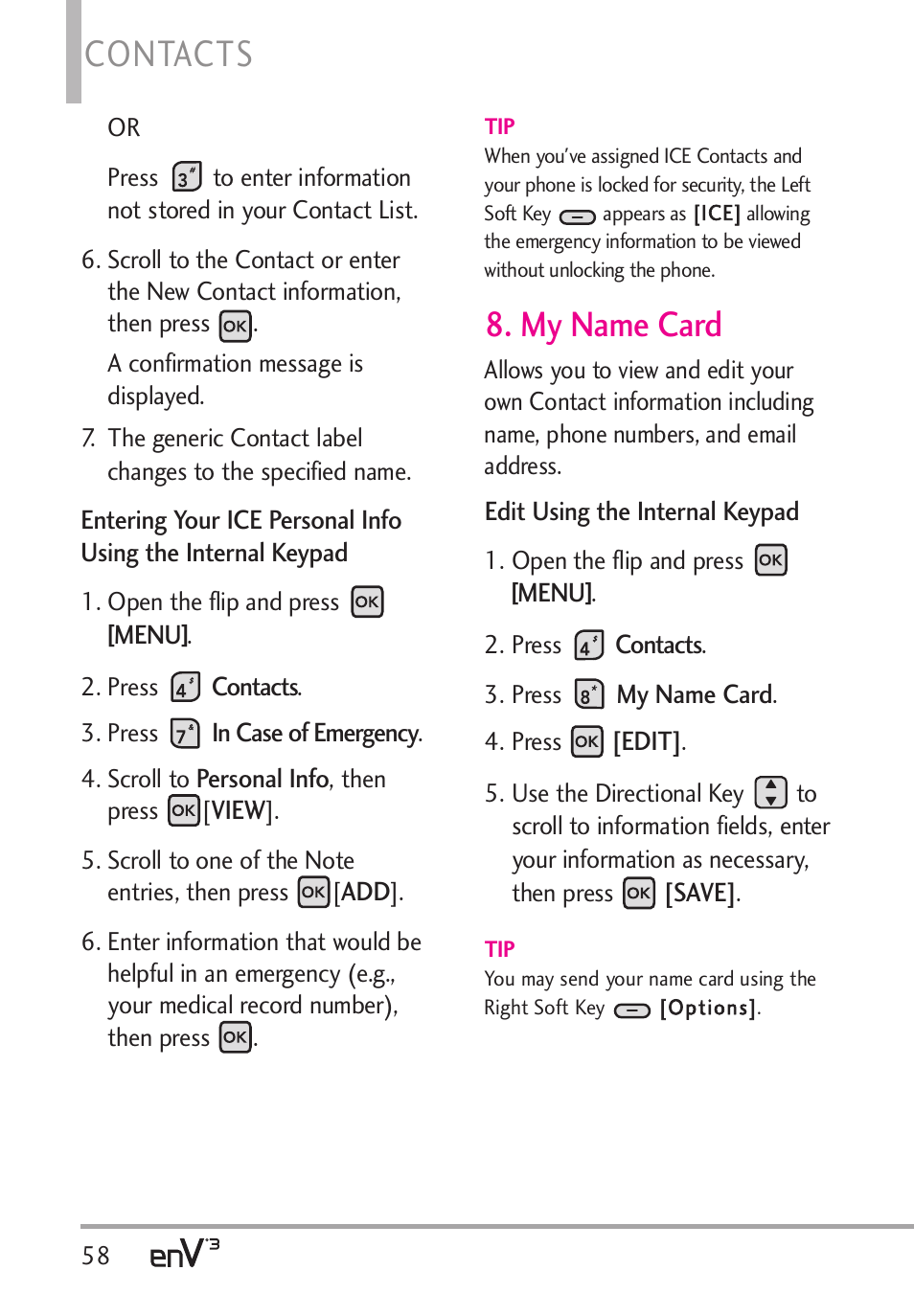 Contacts, My name card | LG LGVX9200 User Manual | Page 60 / 317
